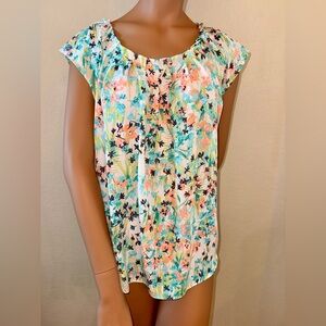 LC Lauren Conrad Floral Blouse Size L Multicolor Pleated Tie Neck Short Sleeve